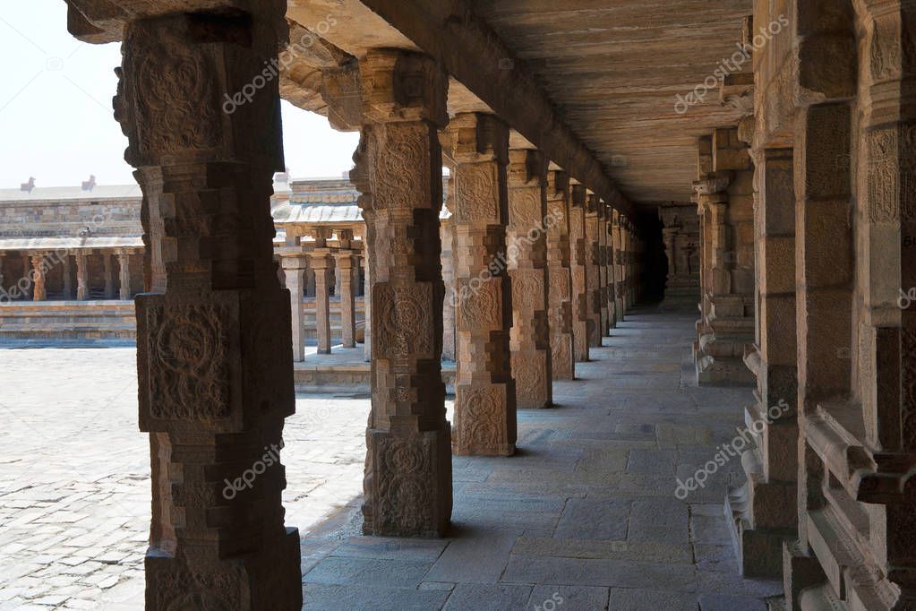 Carved pillars of the north side cloister, Airavatesvara Temple, Darasuram, Tamil Nadu, India.