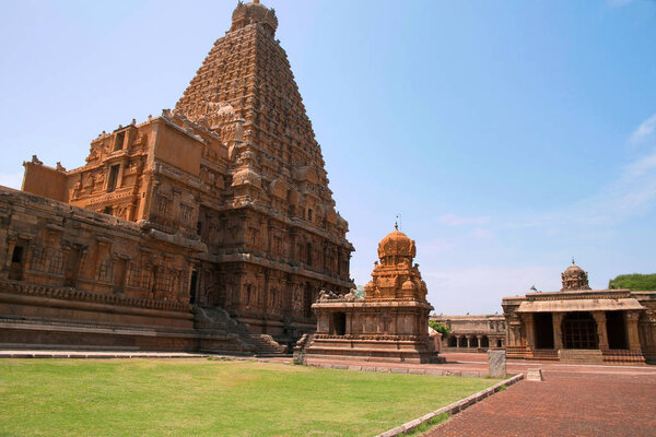 Brihadisvara Temple, Chandikesvara shrine and Subrahamaniyam shrine on the extreme right, Tanjore, Tamil Nadu, India. View from North East. 