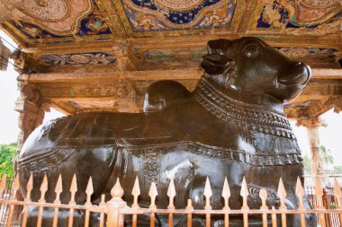 Büyük yekpare Nandi, Brihadisvara Tapınağı, Tanjore, Tamil Nadu, Doğu Hindistan görünümünden