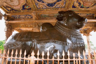 Huge monolithic Nandi, Brihadisvara Temple, Tanjore, Tamil Nadu, India View from East clipart