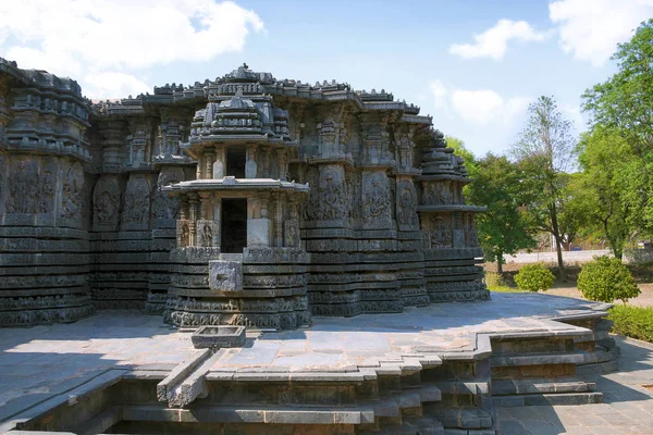 Fachada Relevo Painel Parede Ornamentado Lado Oeste Templo Hoysaleshwara Halebidu — Fotografia de Stock