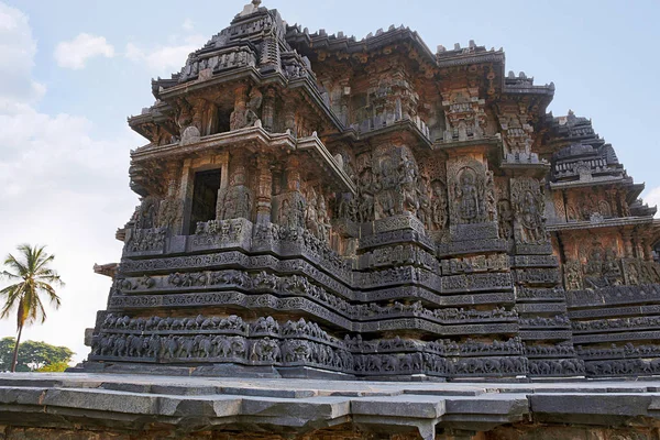 Fachada Relevo Painel Parede Ornamentado Templo Hoysaleshwara Halebidu Karnataka Índia — Fotografia de Stock