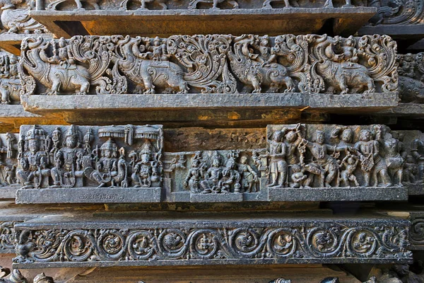 Frisos Animales Escenas Episodios Mitológicos Base Del Templo Hoysaleshwara Templo — Foto de Stock