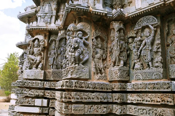 Украшенные Барельефы Скульптуры Индуистских Божеств Храм Кедарешвара Халебид Карнатака Индия — стоковое фото