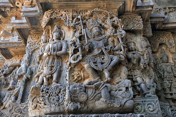 Escultura Shiva Dançando Poderosamente Corpo Demônio Apasmara Morte Templo Hoysaleshwara — Fotografia de Stock