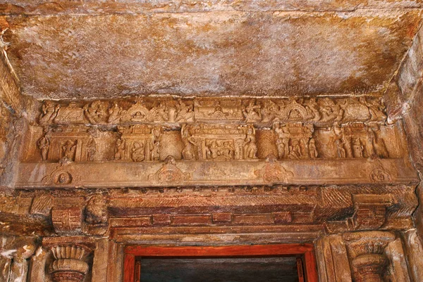 Houtsnijwerk Boven Het Deurpaneel Oostelijke Ingang Virupaksha Tempel Pattadakal Tempelcomplex — Stockfoto