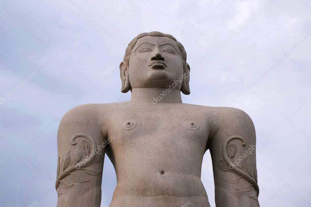 A gigiantic monolithic statue of Bahubali, also known as Gomateshwara, Vindhyagiri Hill, Shravanbelgola, Karnataka India View from the temple courtyard. 