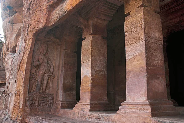 Cave Facade Right Side View Badami Caves Karnataka Depicting Carvings — Stock Photo, Image