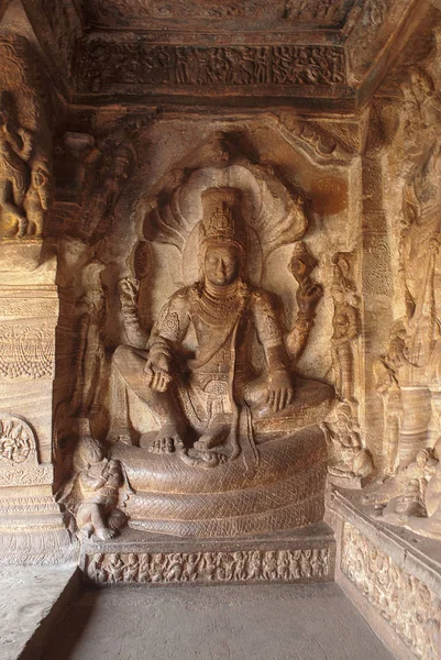 Cave Carved Figures Vishnu Seated Hooded Serpent Called Sesha Ananta — Stock Photo, Image