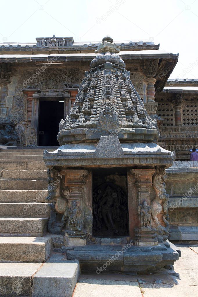 Miniature shrines with Bhumija style superstructure at entrance to Chennakeshava temple, Belur, Karnataka, India