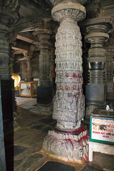 The Narsimha Pillar which at one time could have revolved on its ball bearings. Chennakeshava temple. Belur, Karnataka, India.