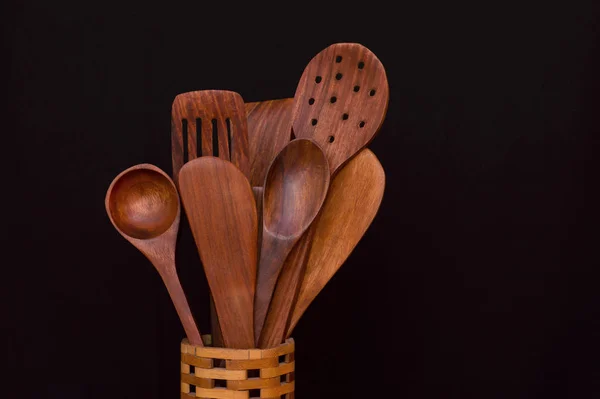 Wooden Spoons Basket Table Black Background — Stock Photo, Image