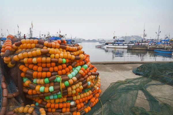 Close view of fishing nets on jetty, Goa, India