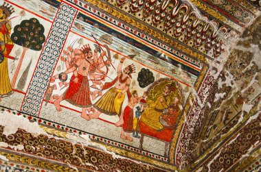 Raj Mahal tavanında mitolojik resimler. Orchha Palace Fort karmaşık. Orchha. Madhya Pradesh. Hindistan