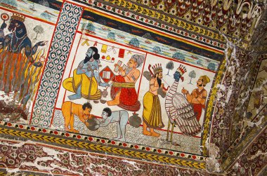 Raj Mahal tavanında mitolojik resimler. Orchha Palace Fort karmaşık. Orchha. Madhya Pradesh. Hindistan