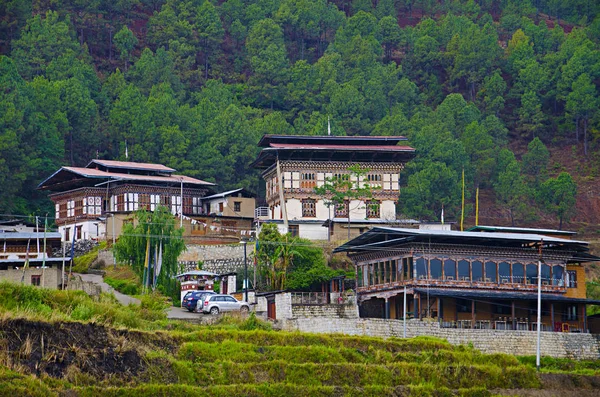Μπουτάν Σπίτια Κοντά Στο Chimi Lhakhang Βρίσκεται Κοντά Στο Lobesa — Φωτογραφία Αρχείου