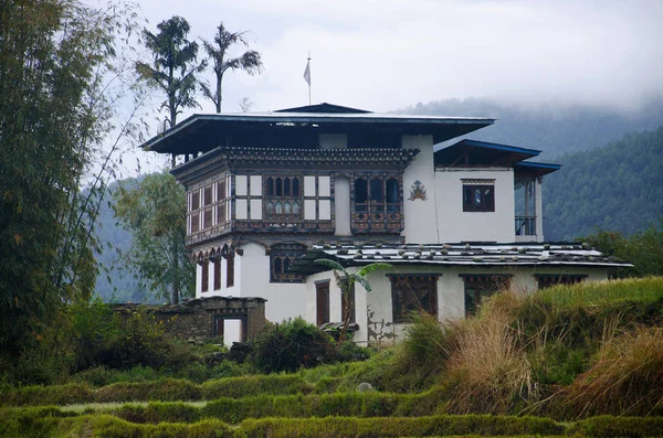 Bhutáni Házak Közelében Peter Lhakhang Lobesa Közelében Található Ama Dablam — Stock Fotó