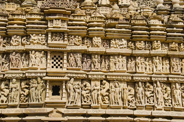 Parsvanath Temple Sculptures Murales Gros Plan Groupe Oriental Khajuraho Madhya — Photo
