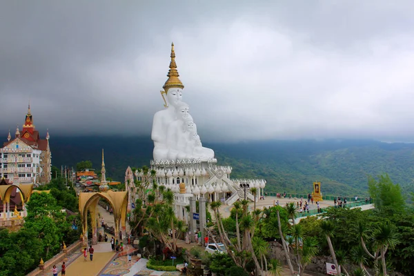 Foggy Valley Long Shot Five White Sitting Buddhas Pha Sorn — Stock Photo, Image