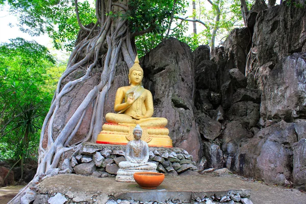 Buda Sentado Dorado Bajo Árbol Con Raíces Viejas Rocas Alrededor — Foto de Stock