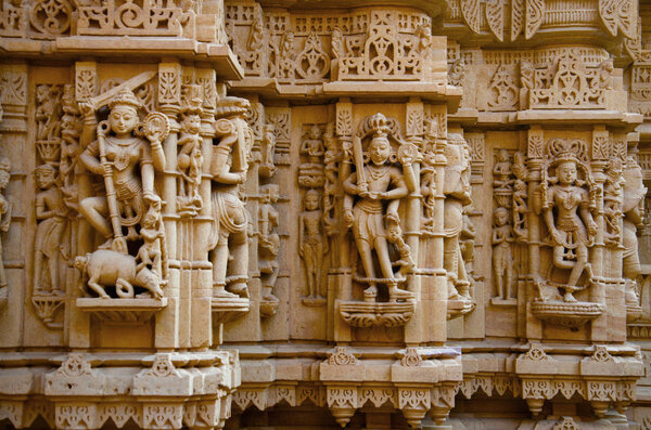 Beautifully carved idols, Jain Temple, situated in the fort complex, Jaisalmer, Rajasthan, India.