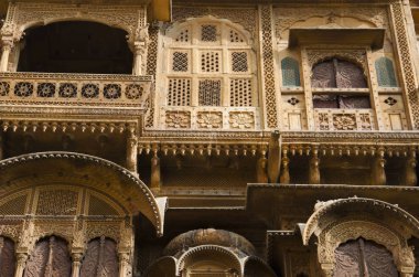 Patwon ki Haveli, Jaisalmer, Rajasthan, Hindistan Dekoratif dış görünümü.