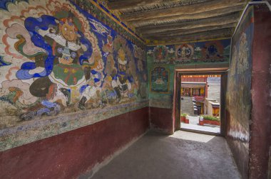 Paintings on the wall at Thiksey Monastery or Thiksey Gompa passage, Ladakh, India