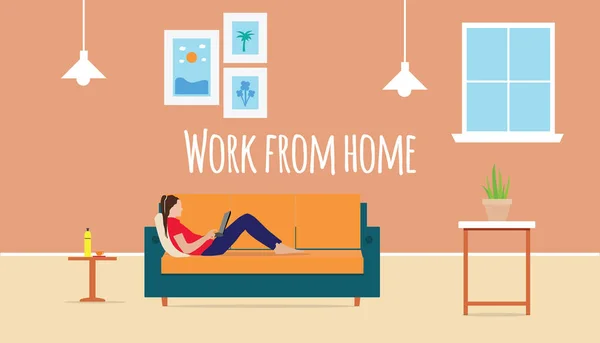 Work Home Showing Lady Sitting Sofa — Stock Vector