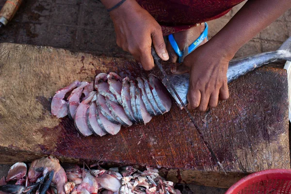 Lady Cutting Pieces Kingfish Surmai Mirkarwada Ratnagiri Maharashtra India — Stock Photo, Image