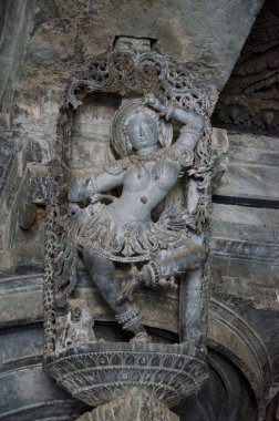 Hoysaleswara Tapınağı 'nın dış duvarına oyulmuş putlar, Lord Shiva, Halebeedu, Karnataka, Hindistan' a adanmış bir 12. yüzyıl Hindu tapınağıdır.