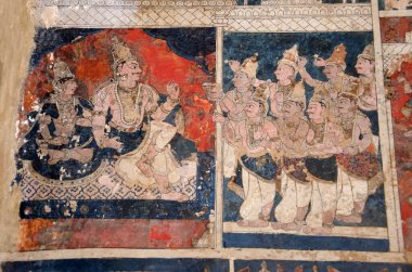 Jain Math, Shravanabelagola, Karnataka, Hindistan 'ın iç duvarındaki renkli mitolojik resimler