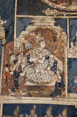 Jain Math, Shravanabelagola, Karnataka, Hindistan 'ın iç duvarındaki renkli mitolojik resimler