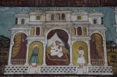 10 Nov 2019, Srirangapatna, Karnataka, India. Colorful frescoes in the style of Mysore paintings on the walls  clipart