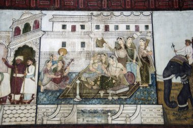 10 Kasım 2019, Srirangapatna, Karnataka, Hindistan. Duvarlarda Mysore tarzı renkli freskler var. 