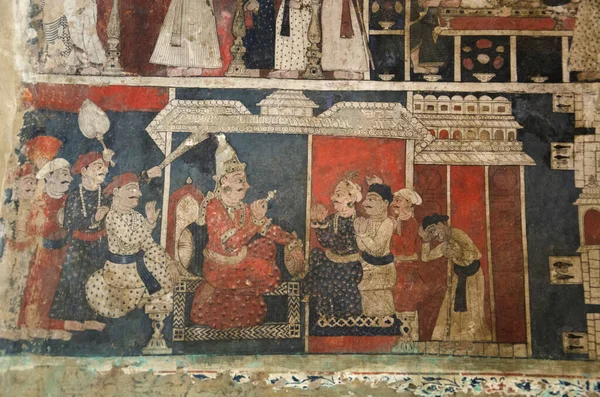 Pinturas Mitológicas Coloridas Pared Interior Jain Math Shravanabelagola Karnataka India — Foto de Stock