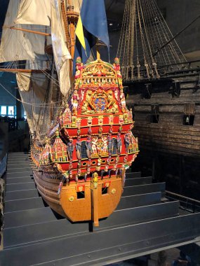 Vasa Müzesi, Stockholm, İsveç - 16 Ağustos 2019: 17. yüzyıl Vasa savaş gemisinin ölçekli modeli 