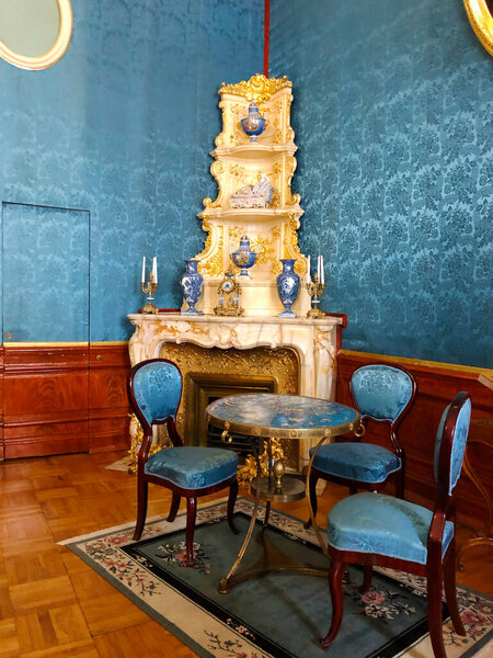 13 August 2019, St. Petersburg, Russia: Blue room Bed and furniture, Yusupov Palace, Moika