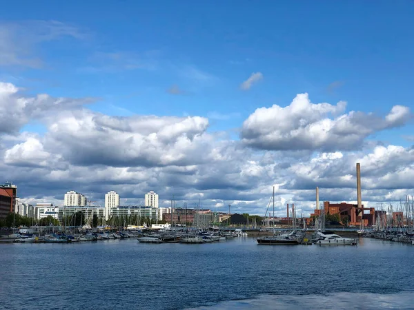 Boat marina and city skyline, Helsinki, Finland