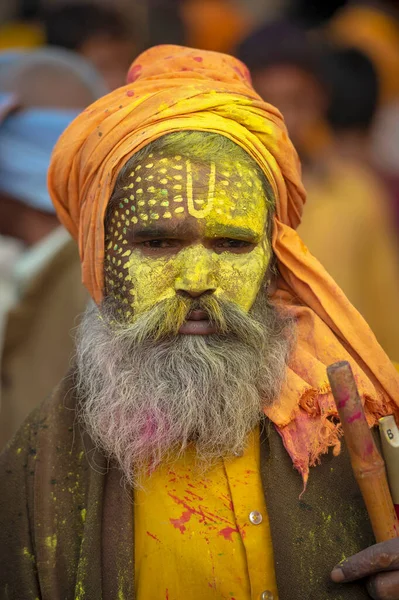 Mathura Uttarpradéš Indie Únor 2015 Sadhu Portrét Lidé Slaví Holi — Stock fotografie