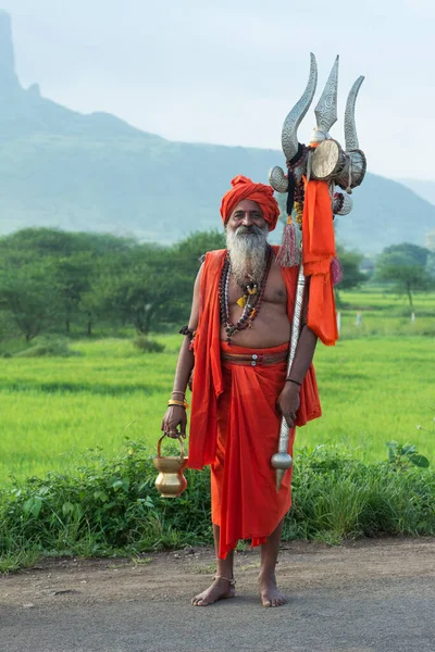 Nasik Maharashtra India September 2015 Naga Sadhu Met Drietand Portret — Stockfoto