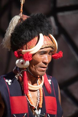 KISAMA, NAGALAND, INDIA, Aralık 2018, Konyak Kabilesi üyesi Hornbill Festivalinde