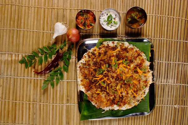 Onion Uthappam Sambar Coconut Chutney South Indian Vegetarian Snack — Stock Photo, Image
