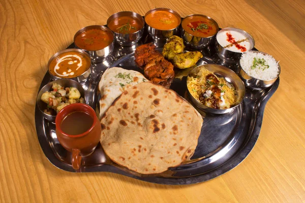 Mutton Thali Vegetables Rice Rotis — Stock Photo, Image