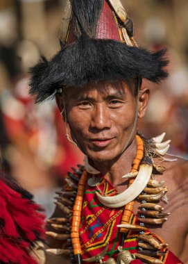1 Ocak 2000, Hornbill festivali, Nagaland, Hindistan. Geleneksel kıyafetli Naga Kabilesi Portresi