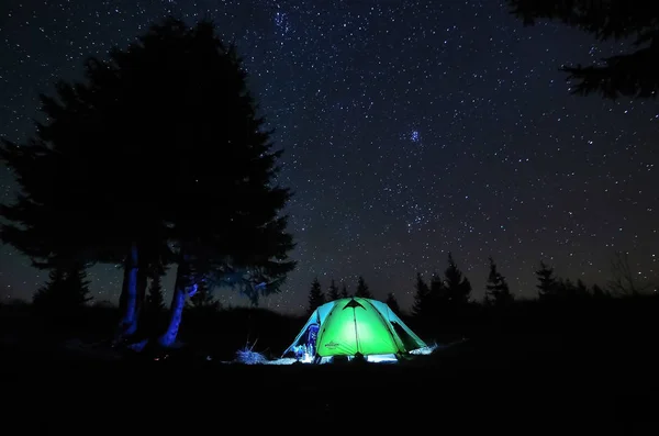 Tent Standing Mountain Pasture Starry Sky Ukrainian Carpathian Mountains — Stock Photo, Image