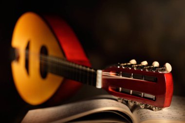 close-up of mandolin with musical score clipart