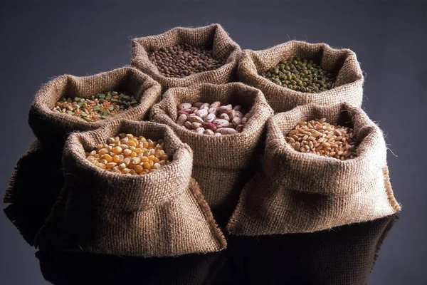 jute bags with various cereals