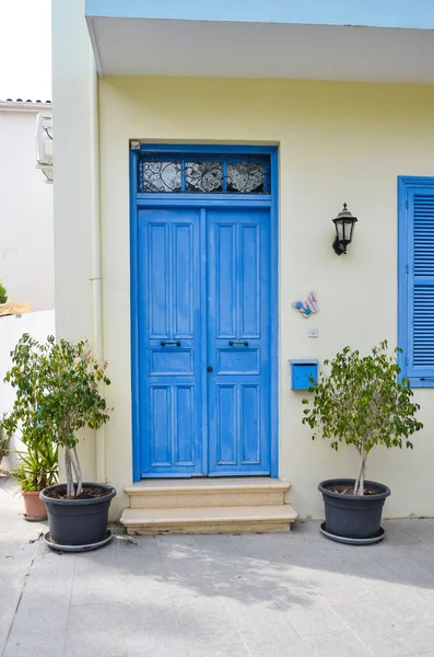 Porta Madeira Azul Estilo Mediterrânico Porta Grega Tradicional Chipre Nicósia — Fotografia de Stock