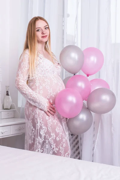 Pregnant Woman Window Balloons Her Hands Pregnancy Maternity New Family — Stock Photo, Image