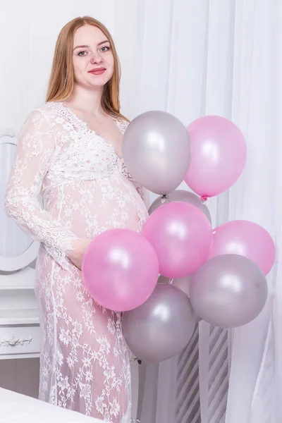 Pregnant Woman Window Balloons Her Hands Pregnancy Maternity New Family — Stock Photo, Image